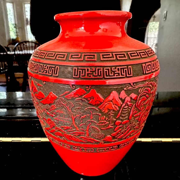 Japanese Flower Vase Red Cinnabar Lacquer Kabin Ikebana Kamakura Bori Ceremony - Picture 7 of 15